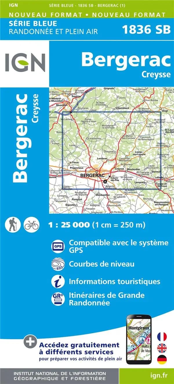 Bergerac : Creysse (Éd. 1) réalisé et édité par l'Institut national de l'information géographique et forestière ; [surcharges] Fédération française de la randonnée pédestre