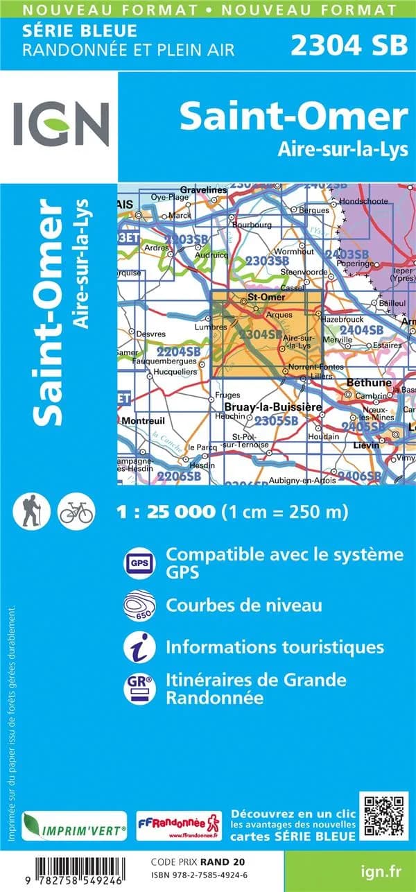 Saint-Omer : Aire-sur-la-Lys (Éd. 1) réalisé et édité par l'Institut national de l'information géographique et forestière ; [surcharges] Fédération française de la randonnée pédestre
