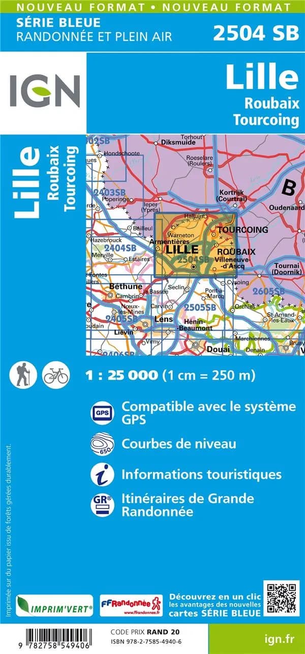 Lille : Roubaix - Tourcoing (Éd. 1) réalisé et édité par l'Institut national de l'information géographique et forestière ; [surcharges] Fédération française de la randonnée pédestre