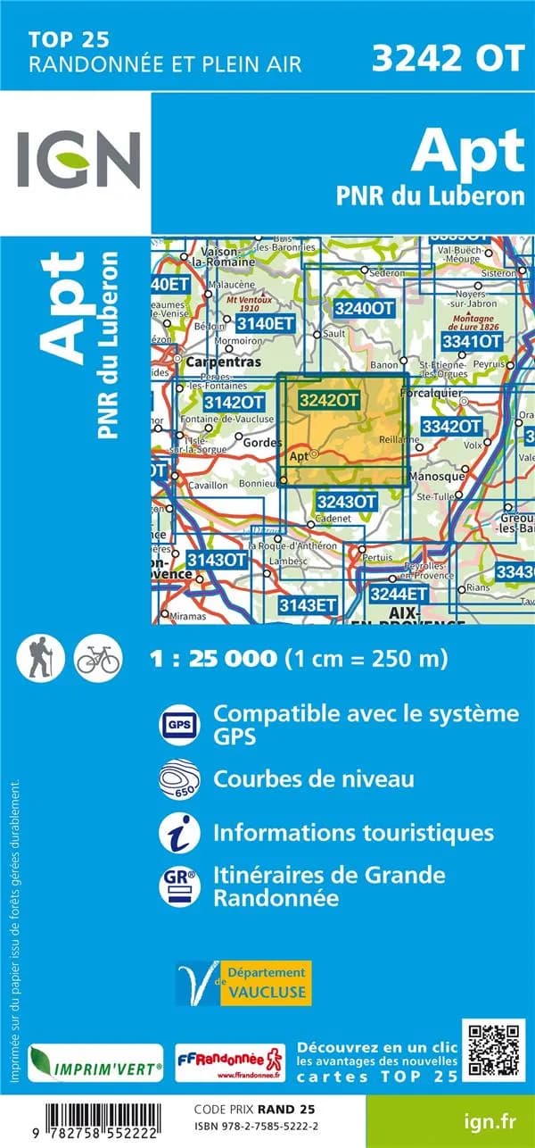 Apt : P[arc] N[aturel] R[égional] du Lubéron (Éd. 5) Institut national de l'information géographique et forestière ; avec la collaboration de la Fédération française de la randonnée pédestre