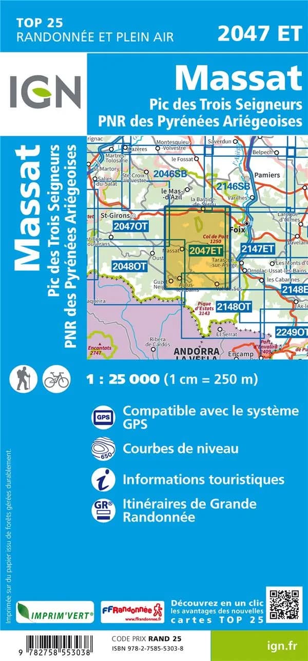 Massat : Pic des Trois Seigneurs, P[arc] N[aturel] R[égional] des Pyrénées ariégeoises (Éd. 5) Institut national de l'information géographique et forestière ; [avec la collaboration de la Fédération française de la randonnée pédestre]