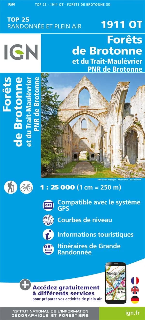 Forêts de Brotonne et du Trait-Maulévrier : P[arc] N[aturel] R[égional] de Brotonne (Éd. 5) Institut national de l'information géographique et forestière ; [surcharges] Fédération française de la randonnée pédestre