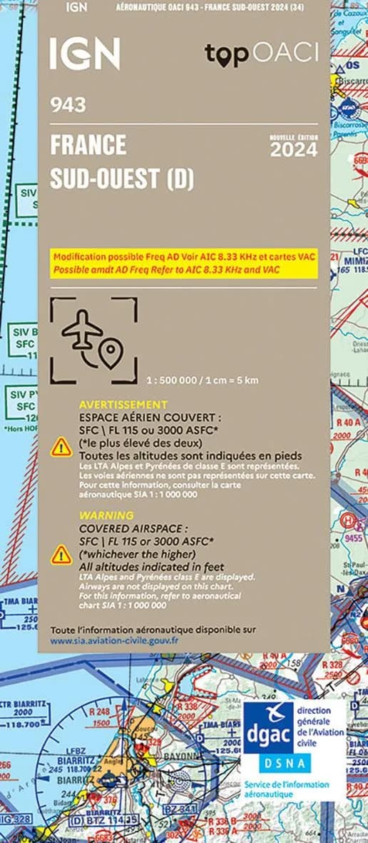 France sud-ouest (34e édition) [réalisé et publié par l']Institut national de l'information géographique et forestière ; [surcharges aéronautiques] SIA ; OACI