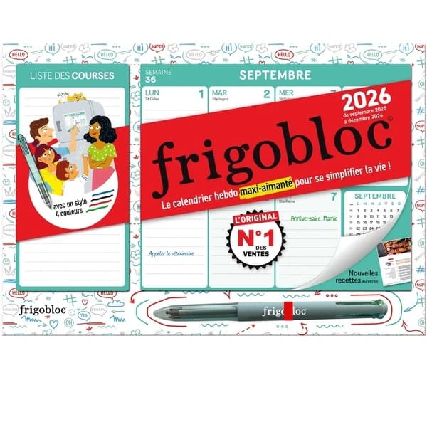 Mini Frigobloc hebdomadaire : Le calendrier hebdo maxi-aimanté pour se simplifer la vie ! De septembre 2025 à décembre 2026, avec 1 stylo 4 couleurs