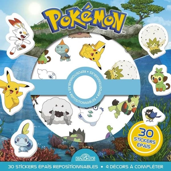 Pokémon : 30 stickers épais repositionnables : 4 décors à compléter : [autocollant]