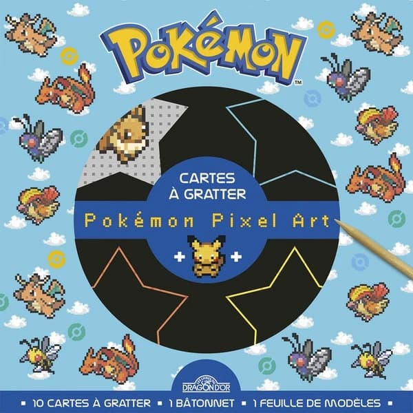 Cartes à gratter : Pokémon : pixel art : Dracaufeu, Dracolosse, Roucarnage