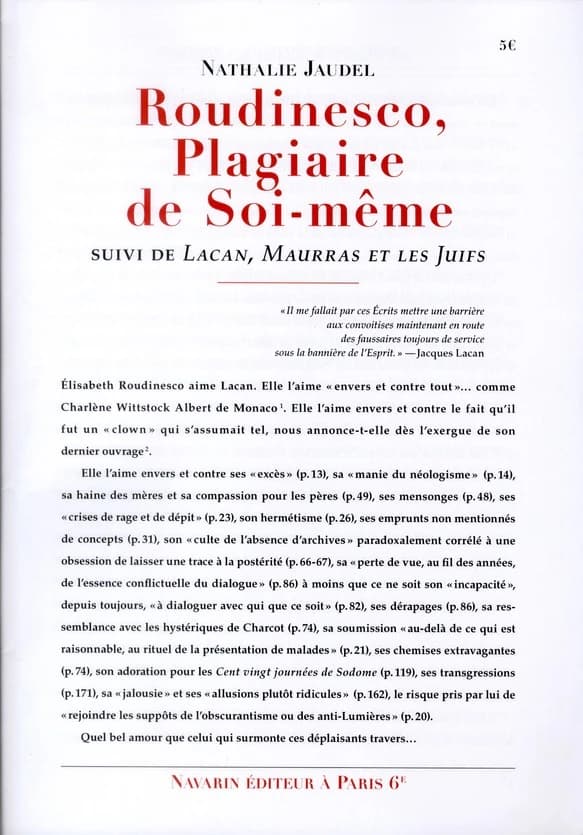 Roudinesco, plagiaire de soi-même ; suivi de Lacan, Maurras et les Juifs