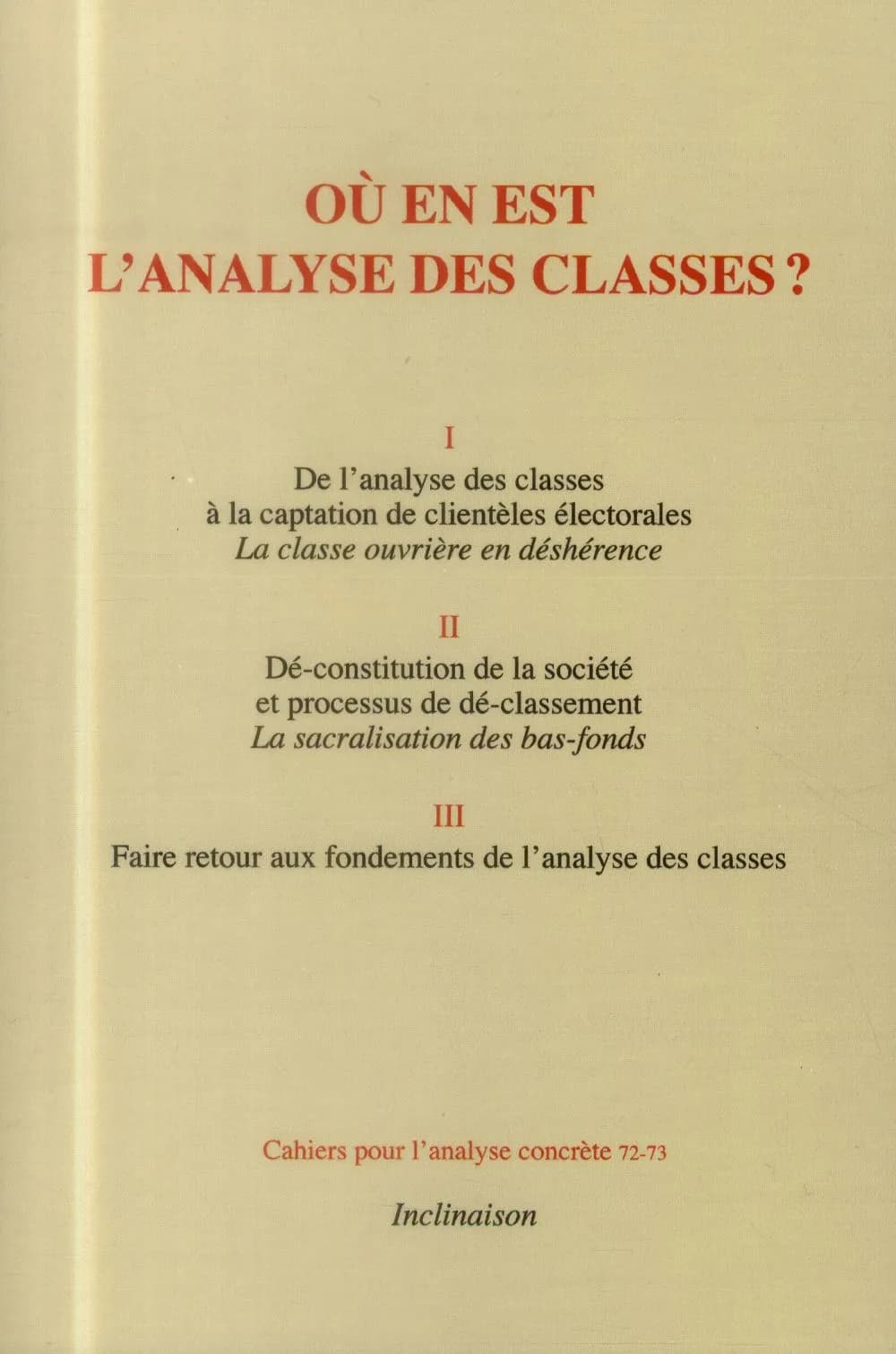 Ou en est l'analyse des classes?