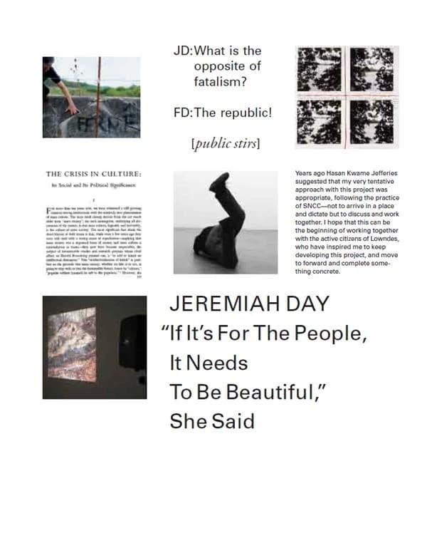 Jeremiah Day : "if it's for the people, it needs to be beautiful", she said : [exhibitions, Karlsruhe, Badischer Kunstverein, 07.02.20-19.04.20, 12.05.20-30.08.20, Albi, Centre d'art le Lait, 26-27.09.20-03.10.20-29.10.20, Florence, Villa romana, 13.10.20