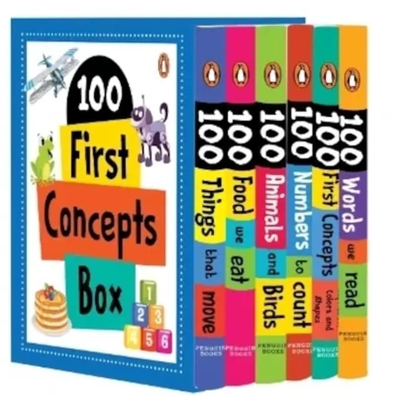 100 First Concepts Box (6 Books): Words, Numbers, Food, Things that move, Animals-birds and Alphabet-shapes-colors