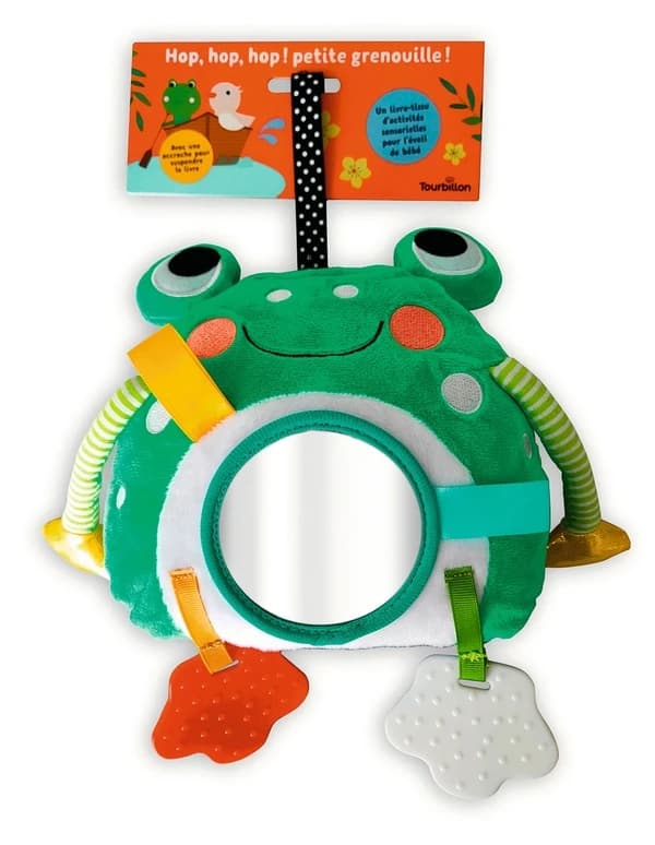Hop, hop, hop ! Petite grenouille ! : un livre tissu d'activités sensorielles pour l'éveil de bébé : avec une accroche pour suspendre le livre