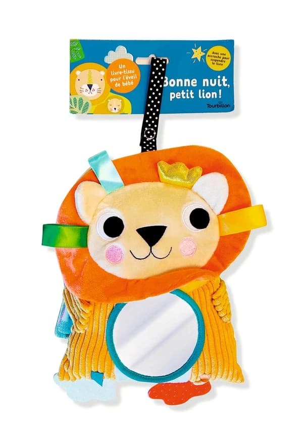 Bonne nuit, petit lion ! : un livre tissu pour l'éveil de bébé : avec une accroche pour suspendre le livre