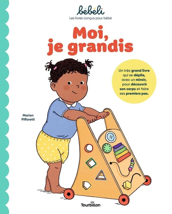Moi, je grandis : un très grand livre qui se déplie, avec un miroir, pour découvrir son corps et faire ses premiers pas
