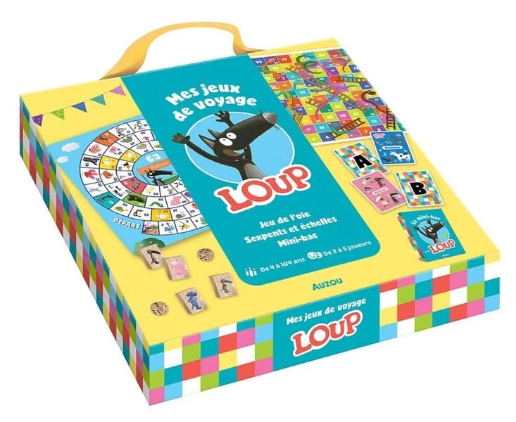 Mes jeux de voyage loup : Avec 1 jeu de l'oie, 1 jeu serpents et échelle, 1 jeu de carte le mini bac, 4 pions en bois et aimantés, 2 dés en bois