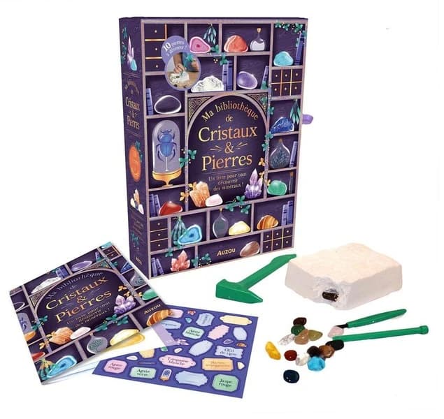 Ma bibliothèque de Cristaux & Pierres ! : Avec 1 bloc avec 10 cristaux à déterrer, 1 espace pour ranger tes trouvailles, des autocollants, 1 livret