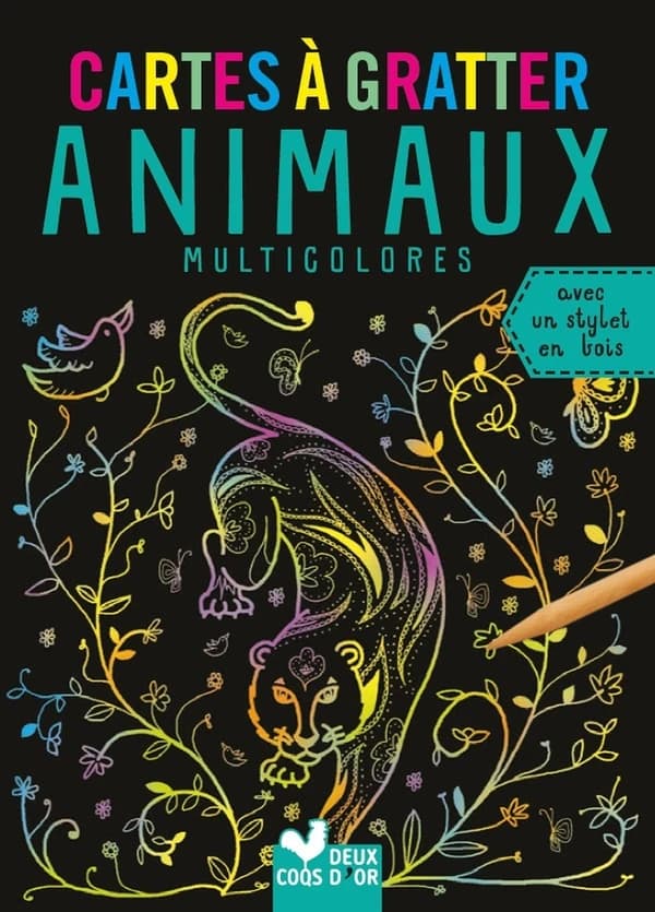Cartes à gratter : animaux multicolores : Avec un stylet en bois : [carte à gratter]