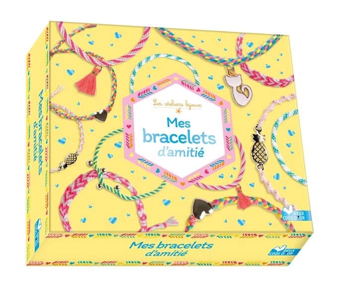 Mes bracelets d'amitié : Coffret avec 7 fils de coton, 1 pompon fluo, 6 anneaux, 5 perles dorées, 3 breloques, un disque en mousse