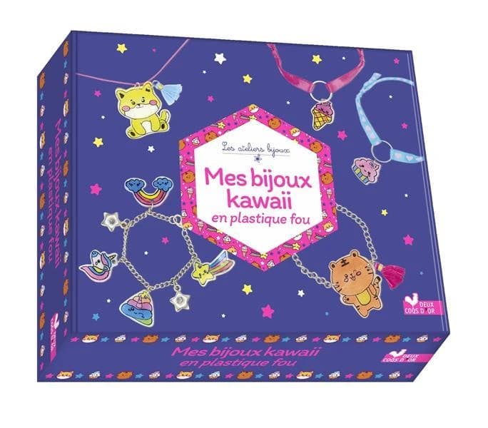 Mes bijoux kawaii en plastique fou : Coffret avec 2 feuilles de plastique fou, 2 rubans, 20 mini anneaux, 2 fermoirs, 1 chaîne, 2 breloques étoiles, 2 pompons, 2 anneaux, 1 fil rose