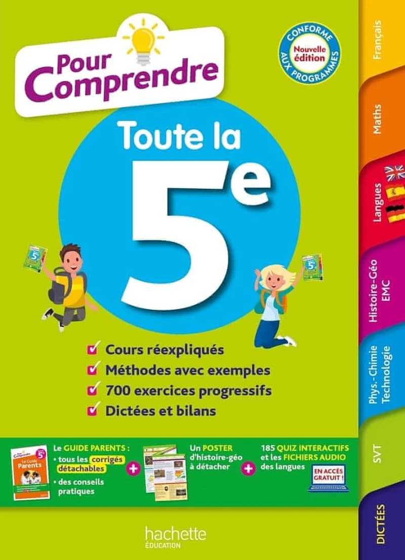 Toute la 5e : français, maths, anglais, espagnol, allemand, histoire-géographie, enseignement moral et civique, physique-chimie technologie, SVT, dictées, dépliant d'histoire-géographie