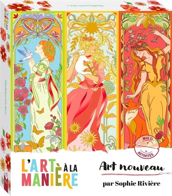 Art Nouveau : Coffret avec 8 tableaux, dont 1 vitrail à gratter, 1 stylet, 8 feuilles à dorer, 1 cadre ajouré et 9 fleurs à construire