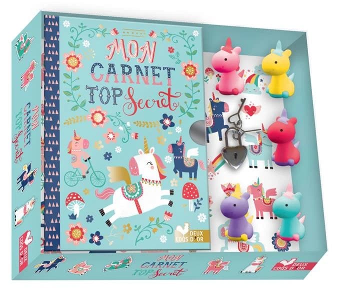 Mon carnet top secret ; licornes ; coffret avec mini gommes