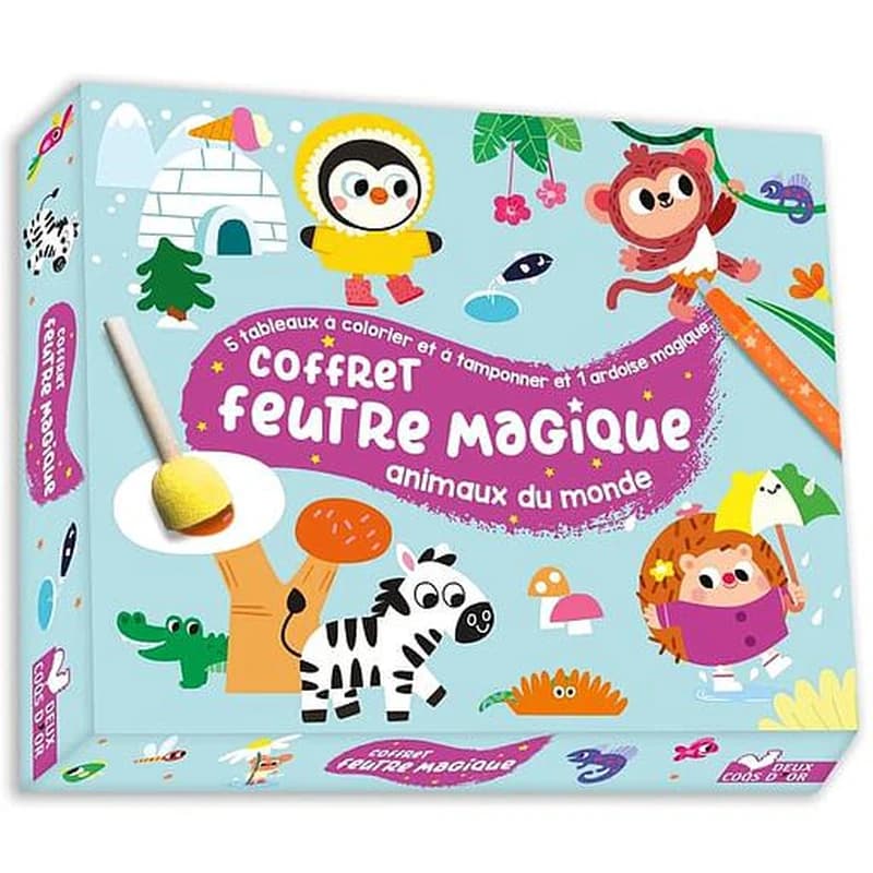Coffret feutre magique animaux du monde  - 5 tableaux à colorier et tamponner, coffret avec accessoires