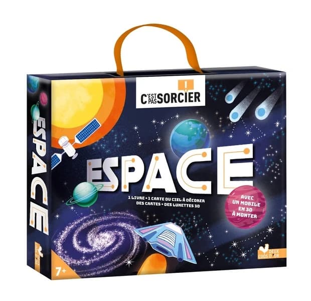 Espace : Coffret avec 1 livre, 1 carte du ciel à décorer, des lunettes 3D et 1 mobile en 3D à monter