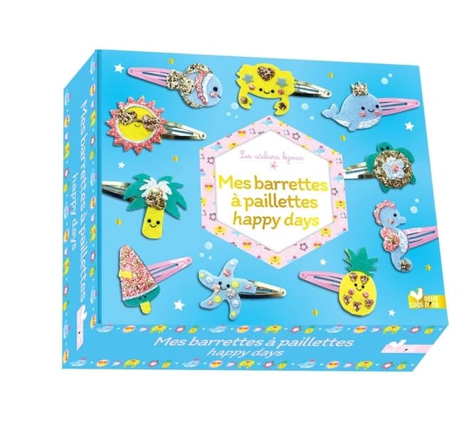 Mes barrettes à paillettes happy days : Coffret avec 10 barrettes et des planches prédécoupées