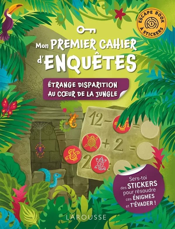 Escape book à stickers ; mon premier cahier d'enquêtes ; étrange disparition au coeur de la jungle
