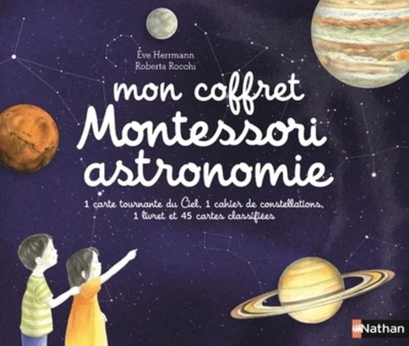 Mon coffret Montessori astronomie : 1 carte tournante du ciel, 1 carnet de constellations, 1 livret et 60 cartes classifiées