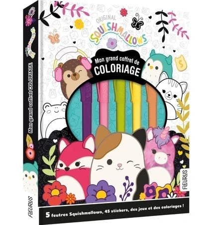 Squishmallows : Mon grand coffret coloriage : 5 feutres, 45 stickers, des jeux et des coloriages !