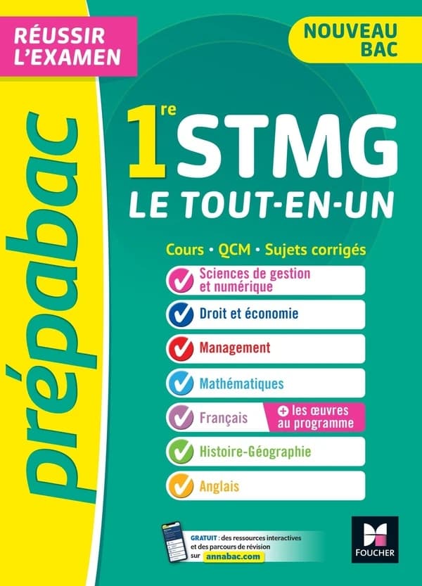 Prépabac : le tout-en-un ; 1re STMG ; cours, QCM, sujets corrigés