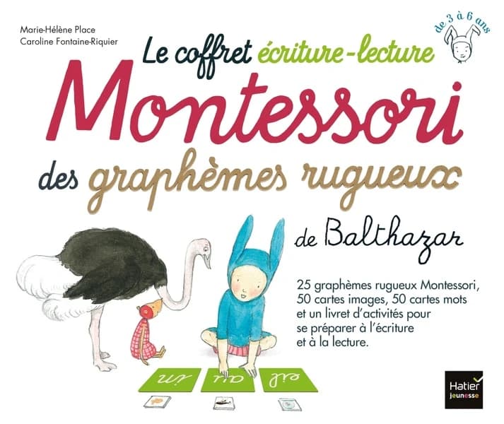 Le coffret écriture-lecture Montessori des graphèmes rugueux de Balthazar : de 3 à 6 ans : 25 graphèmes rugueux Montessori, 50 cartes images, 50 cartes mots et un livret d'activités...