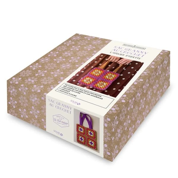 Coffret sac granny au crochet : Avec 1 guide pas à pas pour crocheter des carrés colorés et les assembler ; 5 pelotes de laine ; 1 crochet ; 1 aiguille à laine