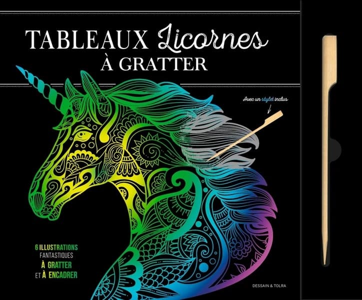 Tableaux licornes à gratter : 6 illustrations fantastiques à gratter et à encadrer. Avec un stylet inclus