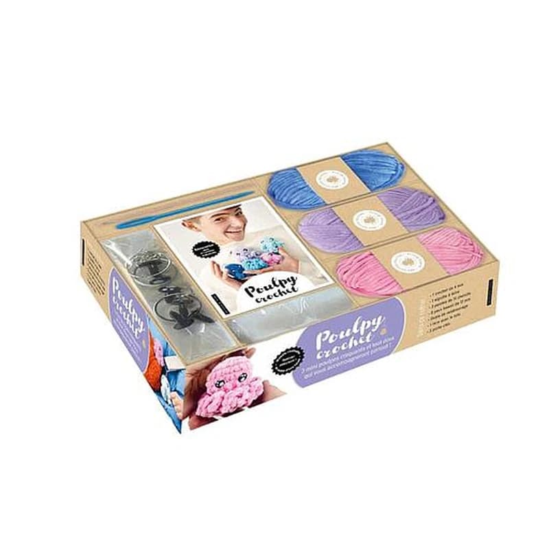 Poulpy crochet : Coffret avec 3 pelottes, de la ouate, 1 aiguille, 1 crochet, 6 yeux, 3 porte-clés et 1 livre