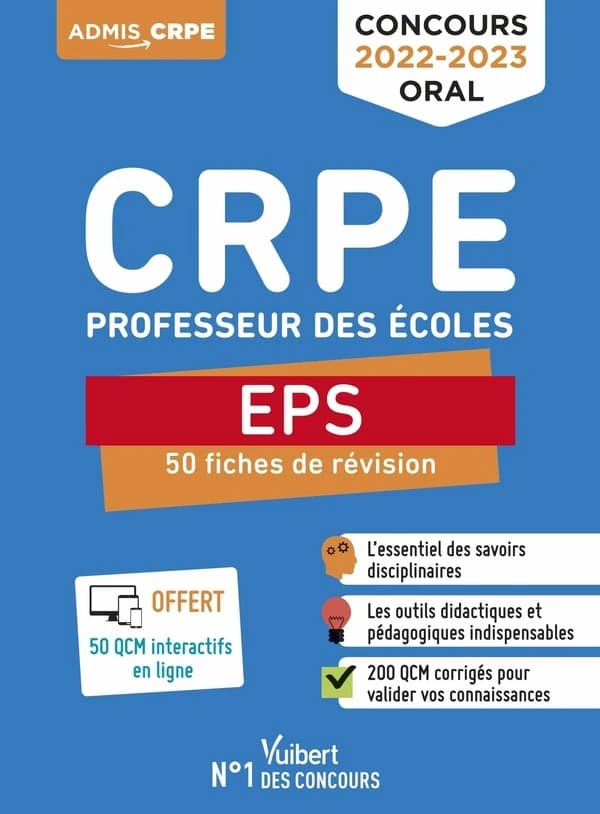 CRPE, professeur des écoles : EPS, 50 fiches de révision : concours 2022-2023, oral (Nouvelle éd.) ouvrage dirigé par Marc Loison,... ; co-écrit par Haimo Groenen,... coordinateur de l'ouvrage, Thibaut Kuehn,... ; avec la collaboration de Bruno Dhormes,..