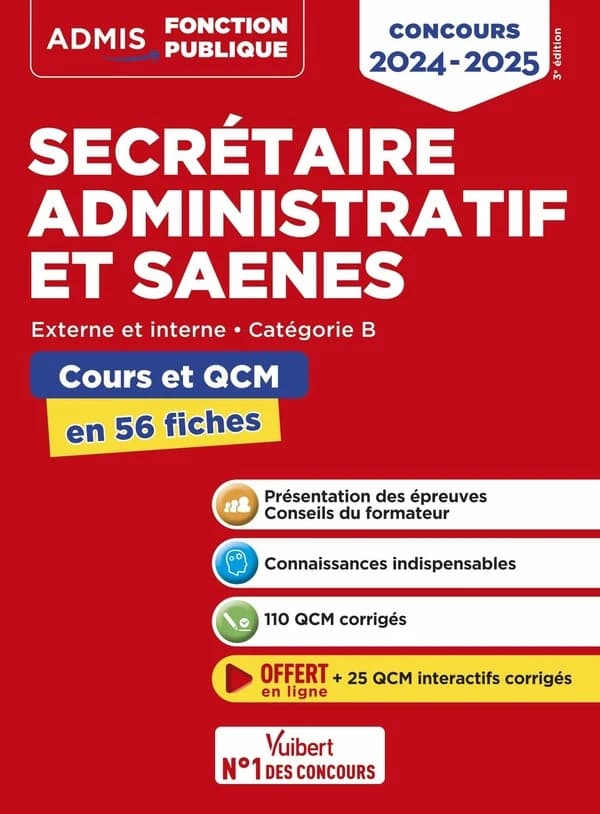 Secrétaire administratif et SAENES : cours et QCM, en 56 fiches (3e éd.) René Guimet,...