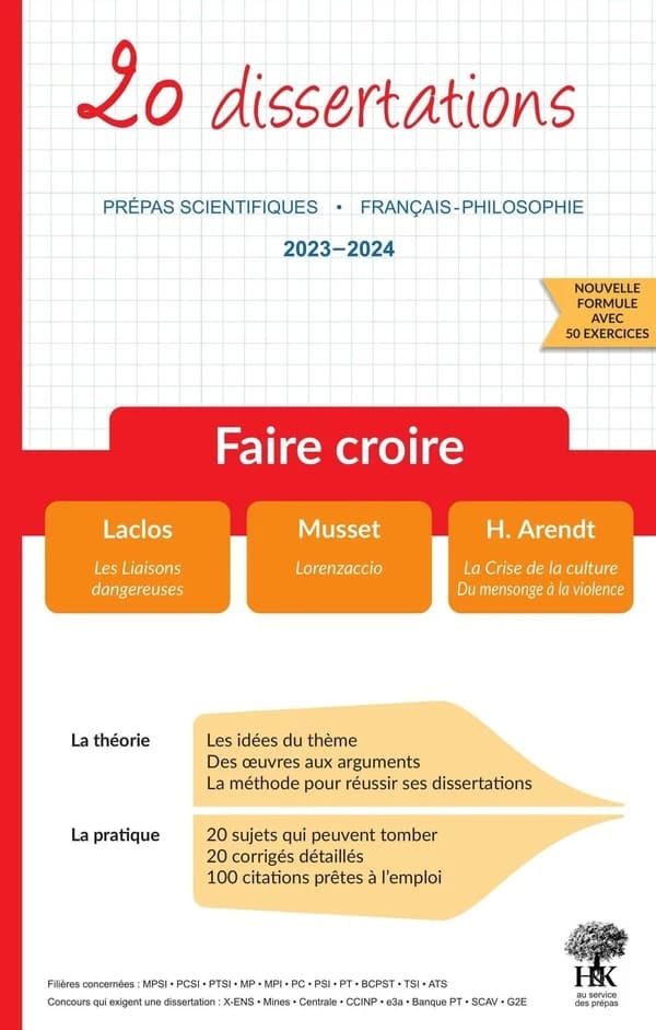 20 dissertations avec analyses et commentaires sur le thème Faire croire : Laclos "Les Liaisons dangereuses", Musset, "Lorenzaccio", Arendt, "La Crise de la culture", "Du Mensonge à la violence"