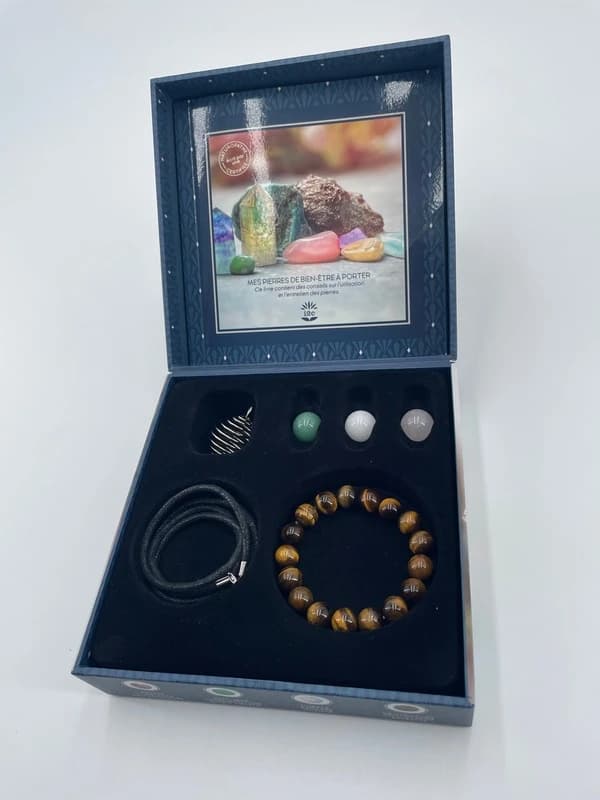 Coffret Mes pierres de bien-être à porter : Le livre d'explications avec 1 boîte écrin, 3 stone ball, 1 pendentif spirale, 1 cordon