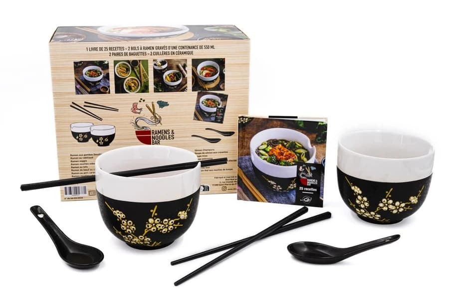 Ramens & Noodles Bar : Coffret avec 2 bols à ramen, 2 paires de baguettes, 2 cuillères en céramique
