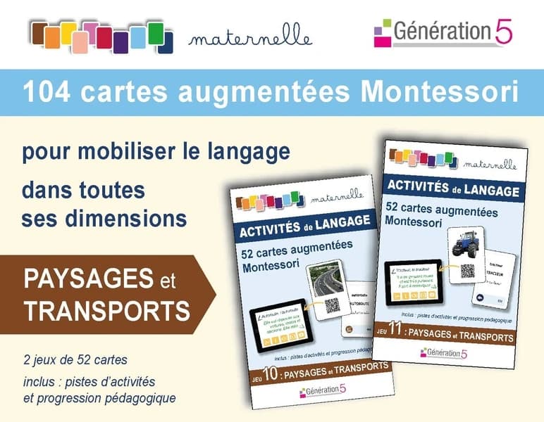 Paysages et transports : 104 cartes augmentées Montessori pour mobiliser le langage dans toutes ses dimensions. Avec 2 jeux de 52 cartes