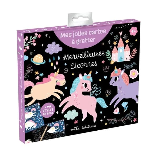 Merveilleuses licornes : Pochette avec 8 cartes et un stylet en bois