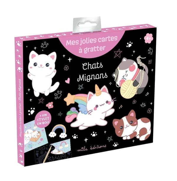 Chats mignons : Pochette avec 8 cartes et un stylet en bois