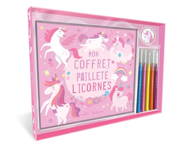 Mon coffret pailleté : Licornes ; Un livre de coloriage, 5 feutres et des stickers