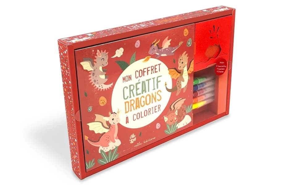 Mon coffret créatif : Dragons à colorier : Un livre de coloriage, 5 feutres et 3 pochoirs