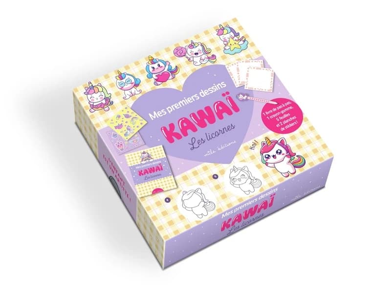Mes premiers dessins kawaï Les licornes : Coffret avec 1 livre de pas à pas, 1 crayon-gomme, 5 feuilles et 2 planches de stickers !