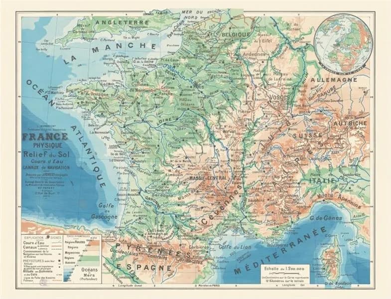 France physique, relief du sol, cours d'eau, canaux de navigation