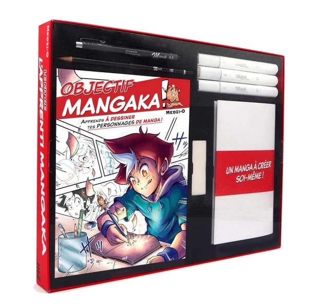 Objectif mangaka ! Apprends à dessiner tes personnages de manga ! : Le kit de l'apprenti mangaka, avec le livre, un manga vierge, des marqueurs, des crayons et une gomme
