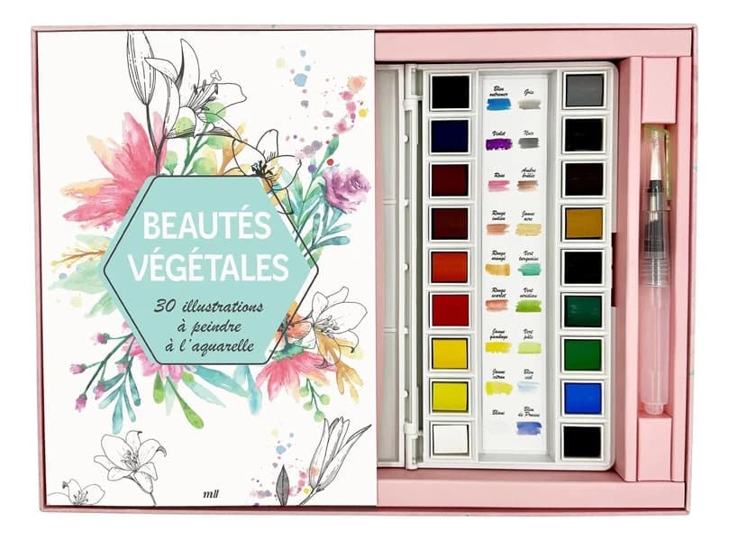 Beautés végétales : 30 illustrations à peindre à l'aquarelle. Avec 1 palette aquarelle, 1 pinceau réservoir, 2 nuanciers